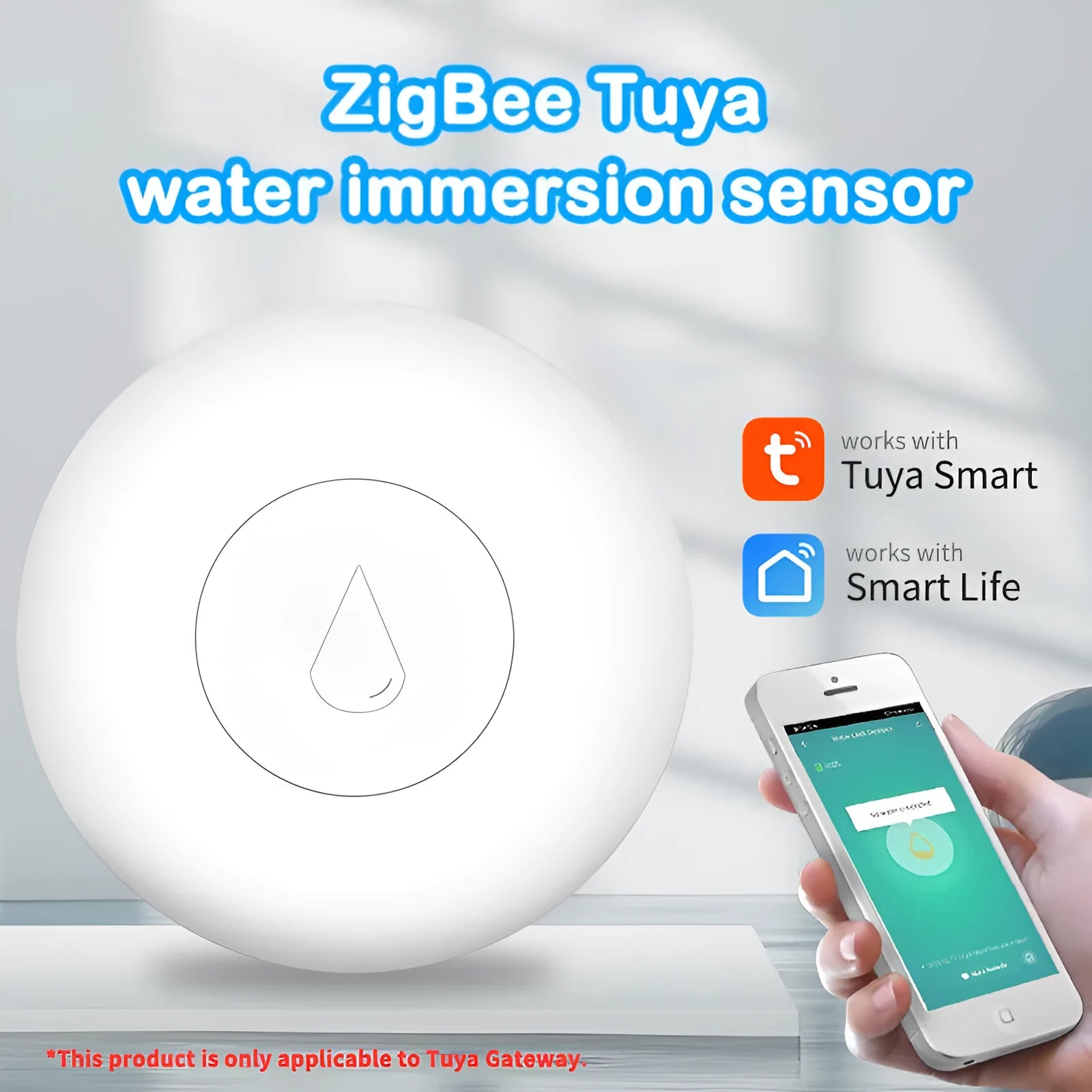 Small white Zigbee wireless water flood sensor on a surface