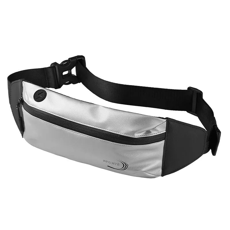 Men's solid-colour waterproof waist bag in blue, shown with dimensions for sports use.