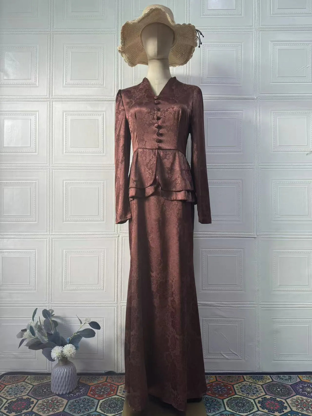 Dark brown women's retro dress with botanical pattern, long sleeves, and a fake two-piece design.