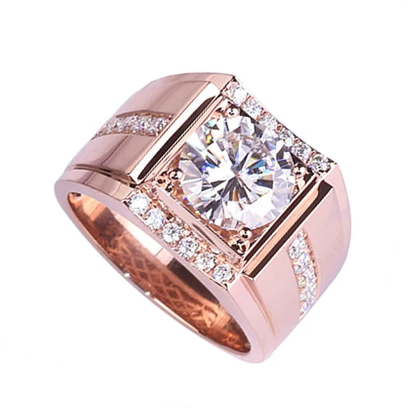 Men's adjustable geometric diamond ring in rose gold finish on a hand.