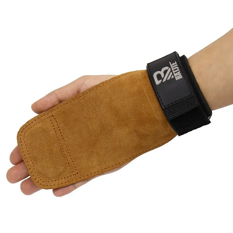 A pair of brown wristband hand protectors for pull-up and bar fitness exercises.