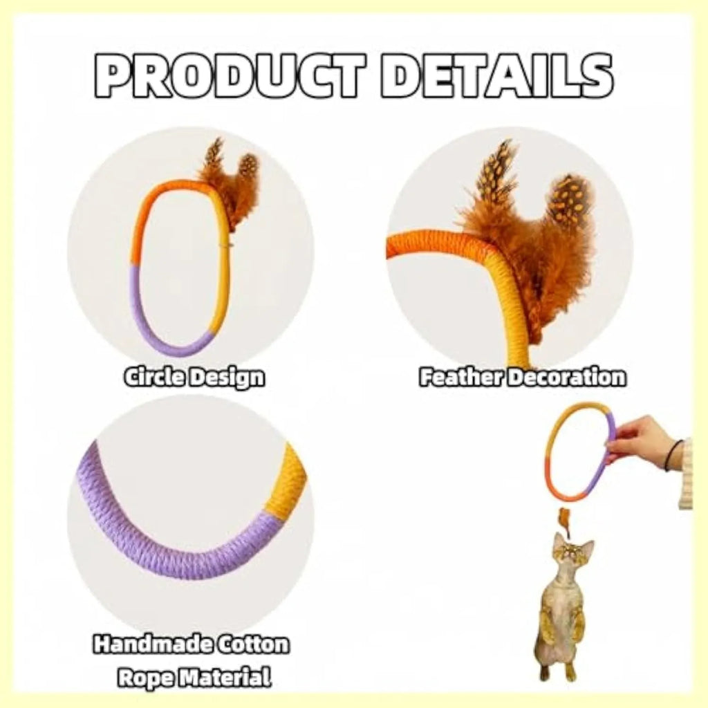 Green cotton rope circular cat toy with feather top for interactive play