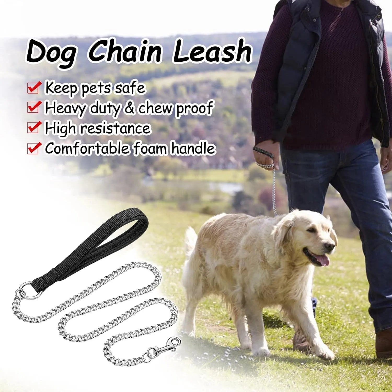 Heavy duty metal chain dog leash with a soft black padded handle, shown in red, blue, and black colours
