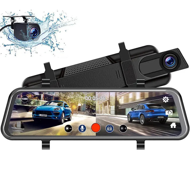 10-inch full screen car dash cam with front and rear cameras on a car dashboard