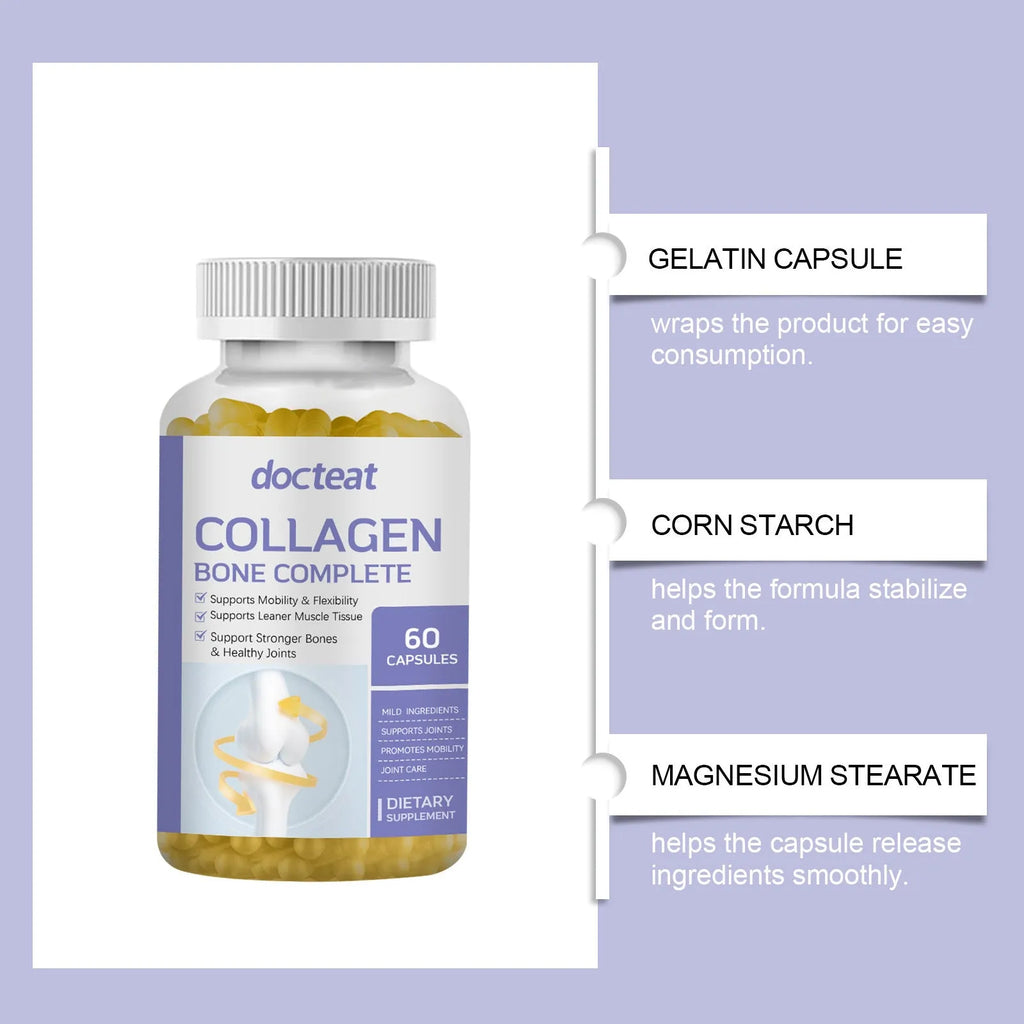 Bottle of 60 collagen and multivitamin capsules with marine collagen, vitamin C, D3, K2 and calcium.