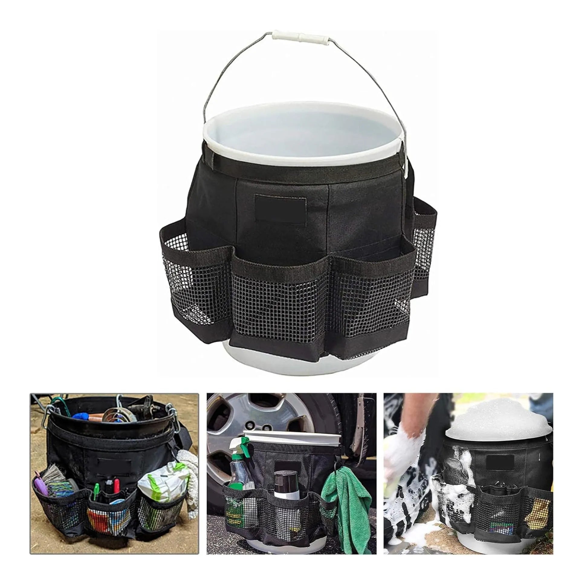 Black cylindrical polyester storage bag hanging on a 5-gallon bucket for organising tools.