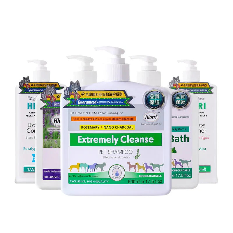 Pet shampoo and conditioner set with five 500ml bottles for dogs and cats grooming
