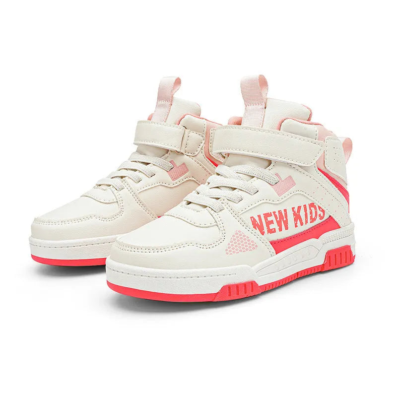 Children's street outdoor sneakers with buckle fastening and letter pattern in beige green, blue, white powder, and white & purple colours