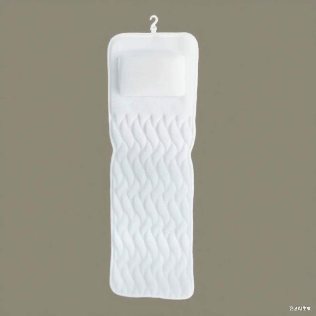White 4D mesh bathtub pillow with 7 suction cups on a bathtub edge.
