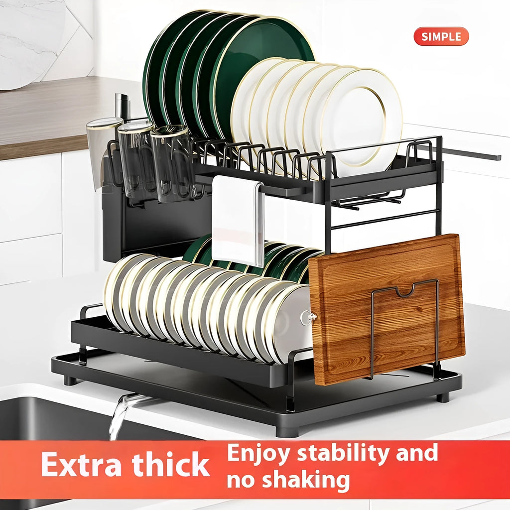 White and black double-layer kitchen storage rack with a removable draining tray.