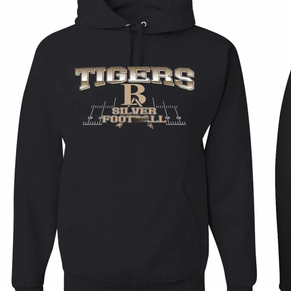 Black men's drop-shoulder pullover hoodie with long sleeves on a plain background.