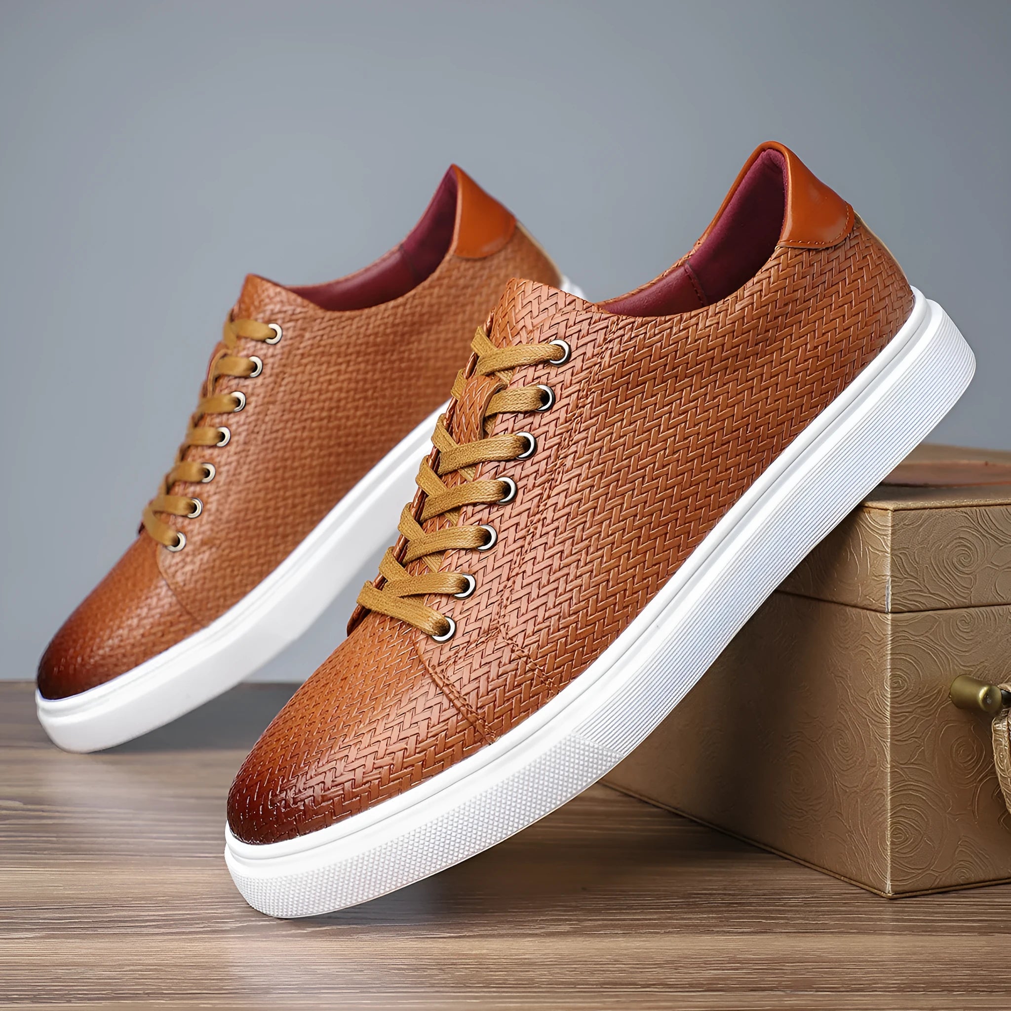 Men's British style leather shoes in black, red, or yellow with artificial PU upper and rubber sole