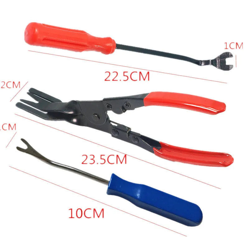 Red-handled automotive door panel clip removal tool for GM cars with light switch pliers.