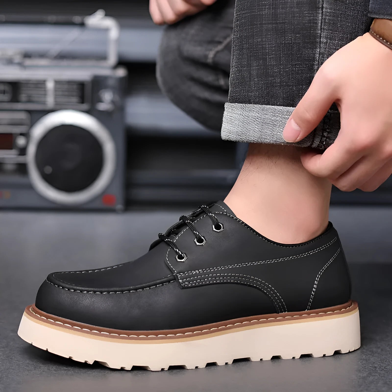 Men's black retro low-top casual boots with round toe and rubber sole on a neutral background.