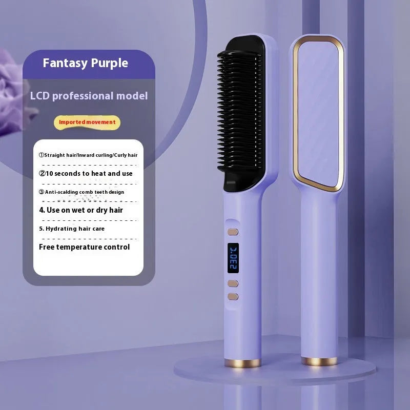 Negative ion hair straightening comb with LCD display in seven colour options including avocado green and cherry pink