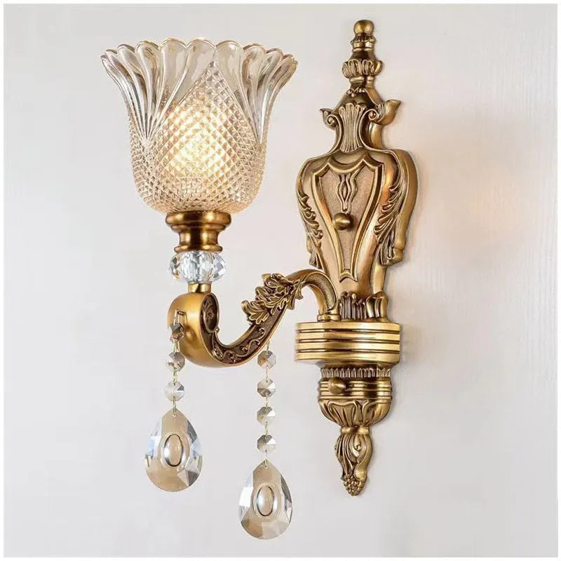Retro crystal glass wall lamp, single-head, European style, for living room or corridor decorative lighting