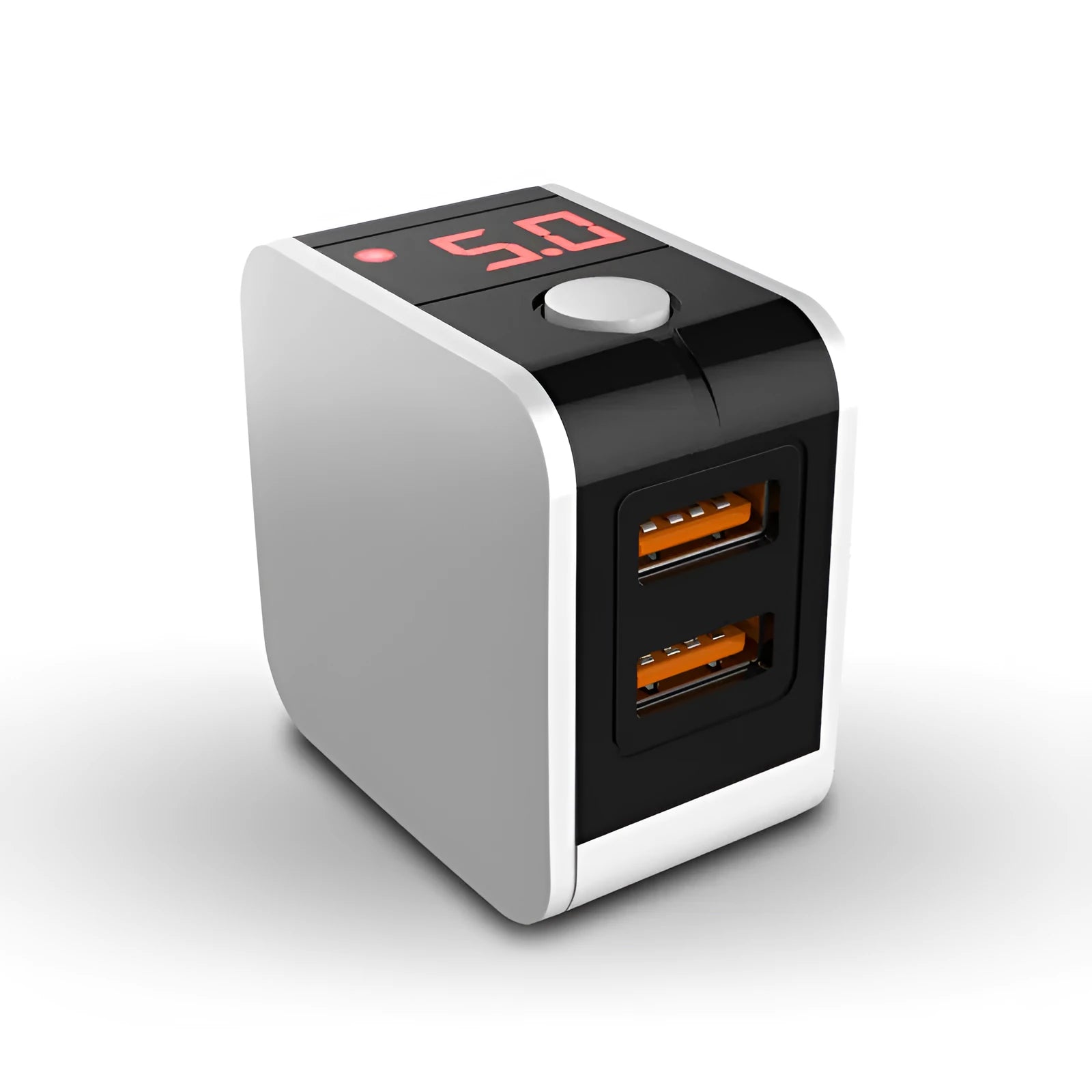 Black dual USB fast charger with digital display showing charging current, plugged into a UK wall socket.