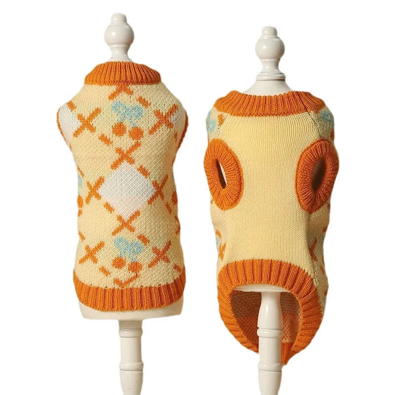 Orange cherry pattern cat sweater for autumn and winter wear with warm windproof design