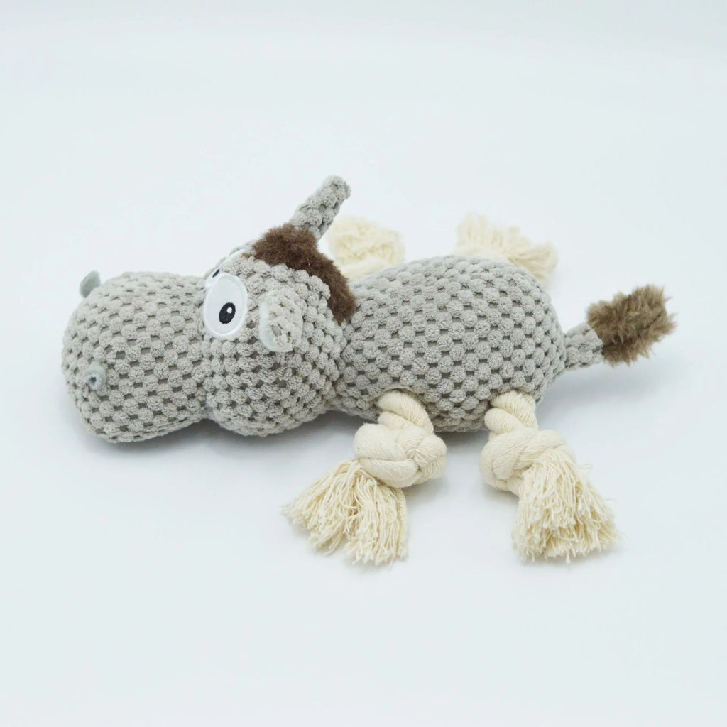 Grey donkey plush dog toy with creaking sound mechanism