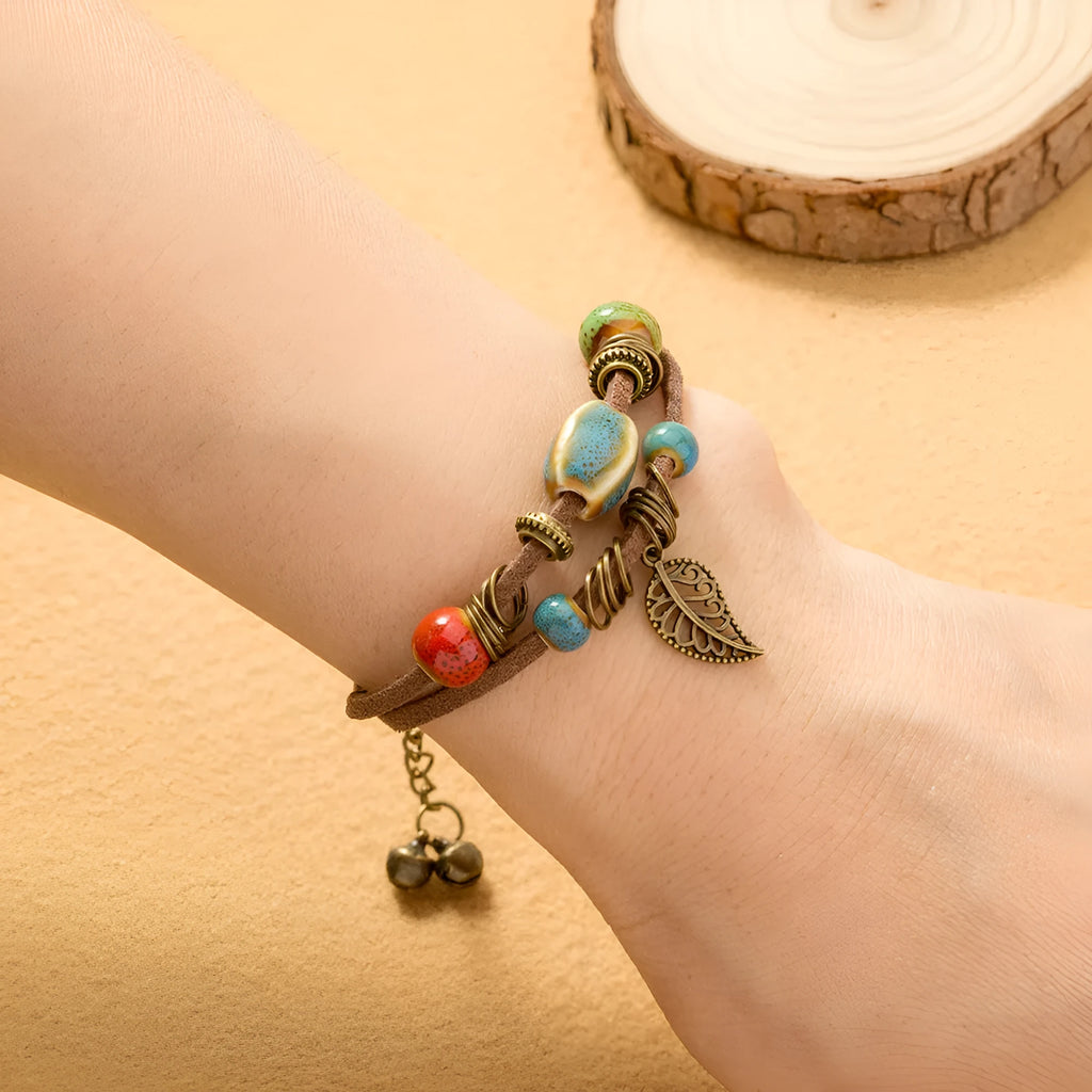 Hand-woven cowhide rope bracelet with blue ceramic beads geometric splicing style
