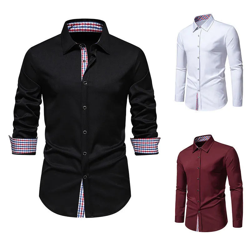 Men's loose plaid casual long-sleeved shirt in chemical fibre blend available in black, white, and wine red colours
