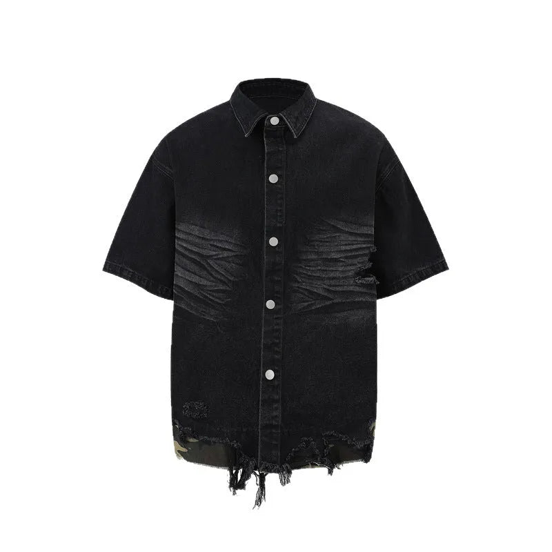Women's leopard print denim short sleeve top and matching shorts with cut edge stitching.