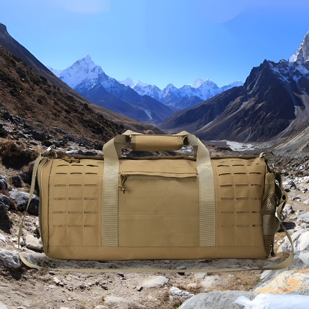 Men's khaki waterproof sports travel bag with air pillow shoulder strap showing 56cm height
