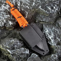 Outdoor straight survival knife with rope-wrapped handle and black ABS plastic sheath