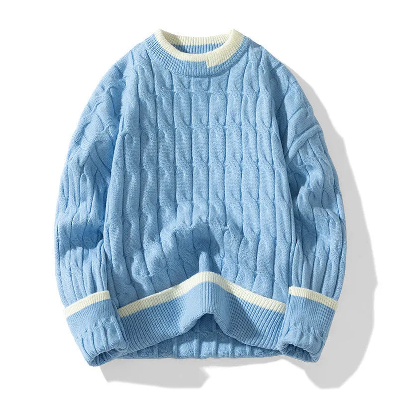 Men's loose fit grey pullover sweater with long sleeves on a neutral background.
