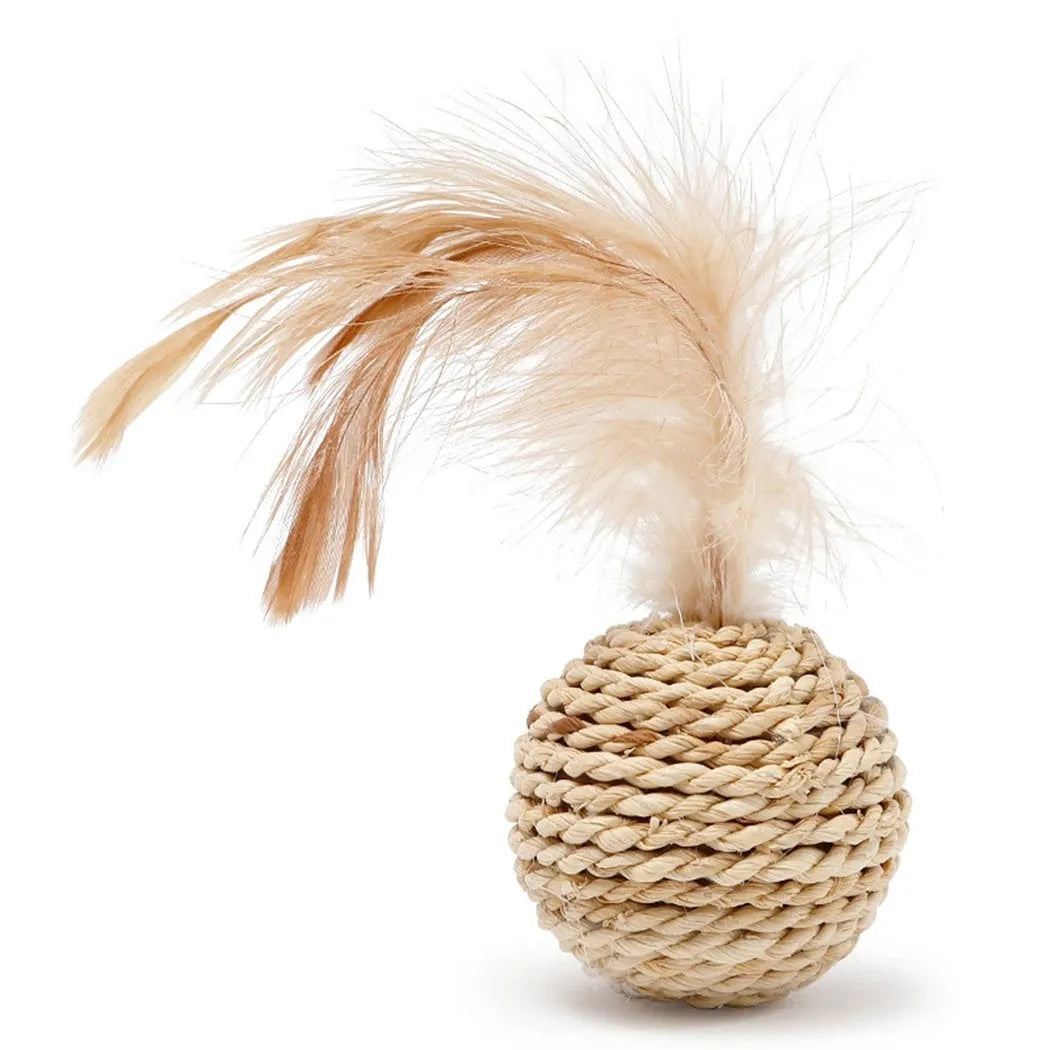 Two cat toys: a brown woven rattan ball and a multicoloured faux feather ball with a bell on a white background.
