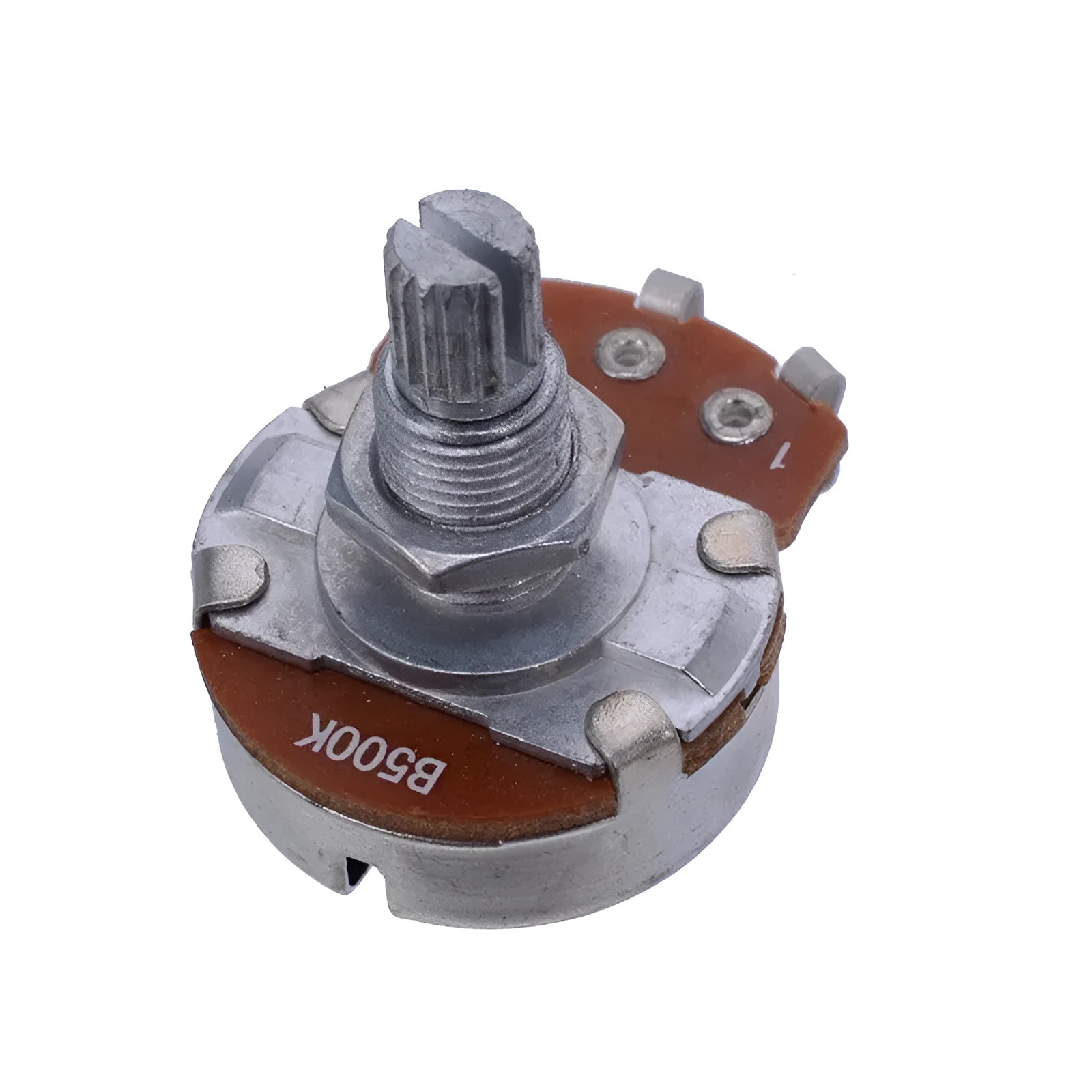 A single metal potentiometer knob for electric guitar volume and tone control.