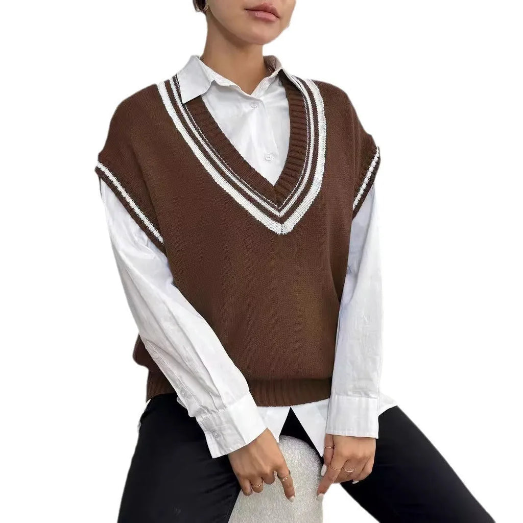 Women's loose fit college style vest sweater in black, blue, or coffee colour