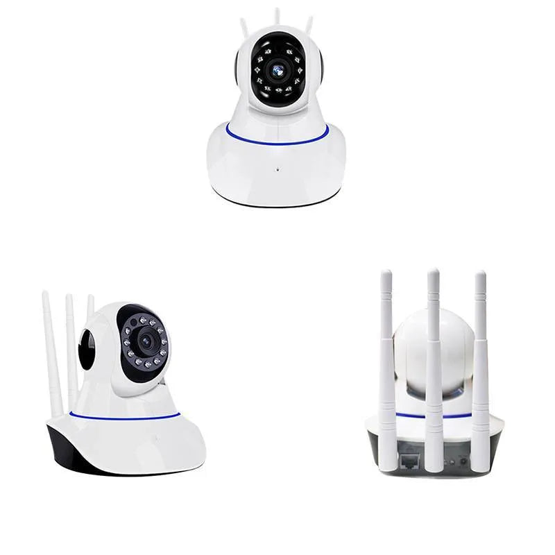 White dome-style wireless HD security camera for indoor and outdoor use.