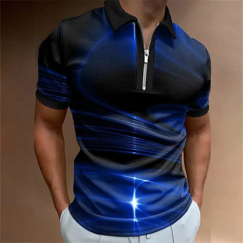 Man wearing a loose fit blue zipper polo shirt with a lapel collar and short sleeves.
