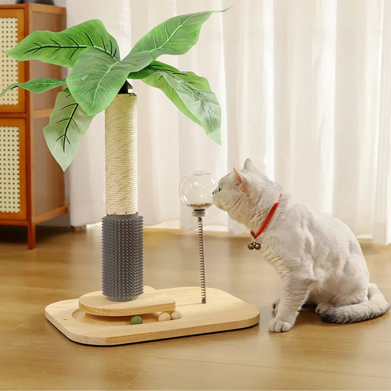 Wooden vertical cat scratching post with a cannulated grab column and a food drop ball.