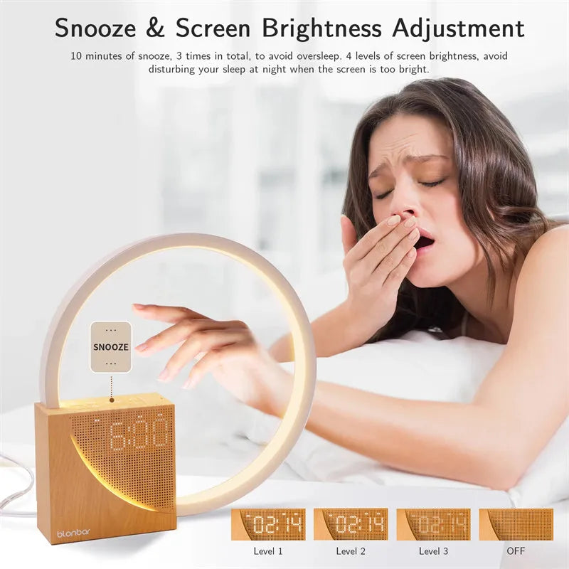 Navy blue touch control bedside lamp with digital alarm clock display on wooden table