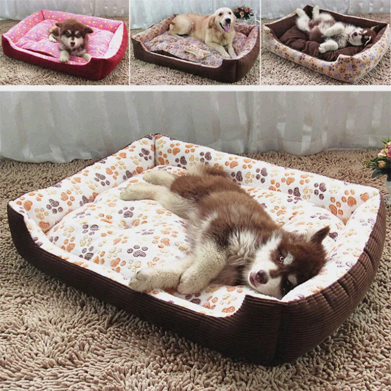 Beige plush sofa-style dog bed mat with raised sides for a small dog, shown next to size chart.