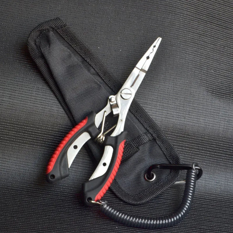 Medium straight mouth fishing pliers with integrated hook tool showing SS420 steel construction and colour-coded ABS handles