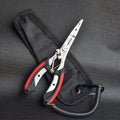 Medium straight mouth fishing pliers with integrated hook tool showing SS420 steel construction and colour-coded ABS handles