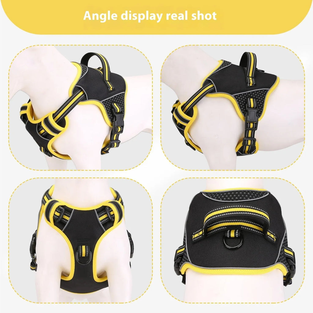 Yellow and orange polyester dog harness and traction strap set for outdoor training, shown in S, M, L sizes.