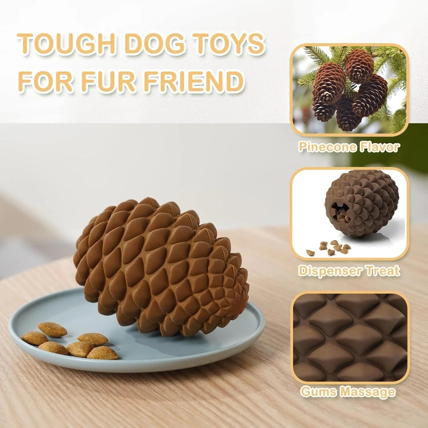 Natural rubber pine cone shaped dog chew toy with treat dispenser hole