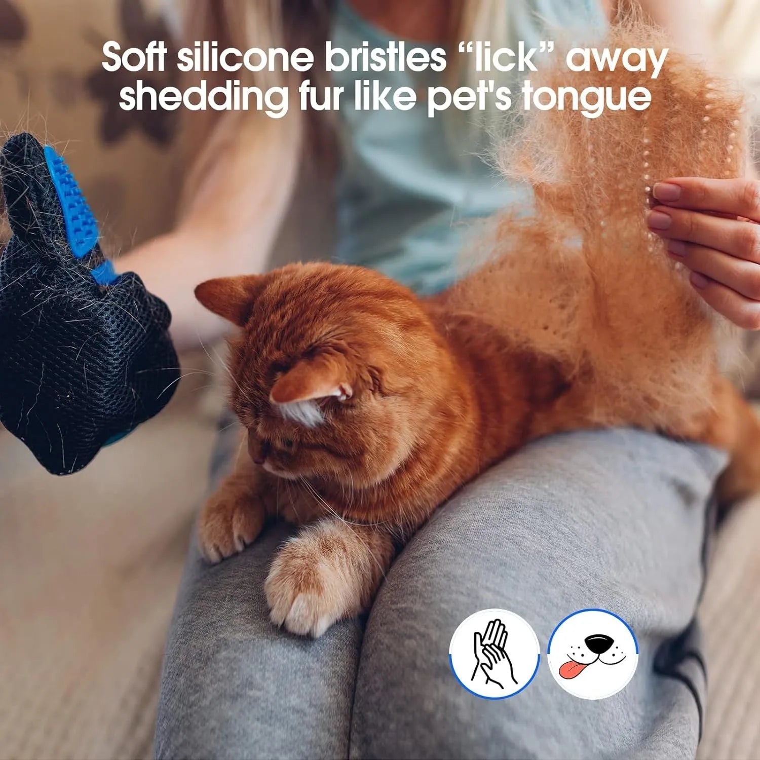 Blue pet grooming gloves with silicone tips for dog and cat hair removal