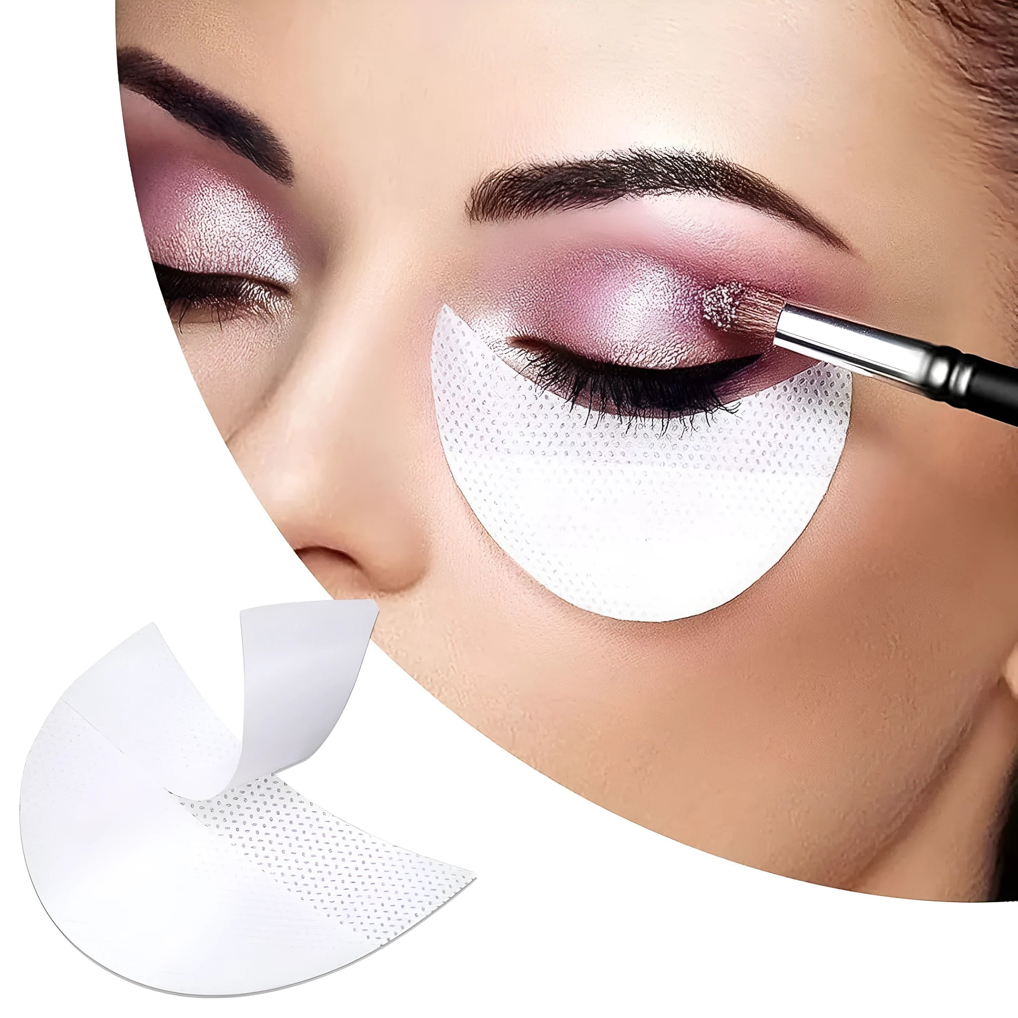 Pack of half-moon shaped disposable eyeshadow shields on a pink background