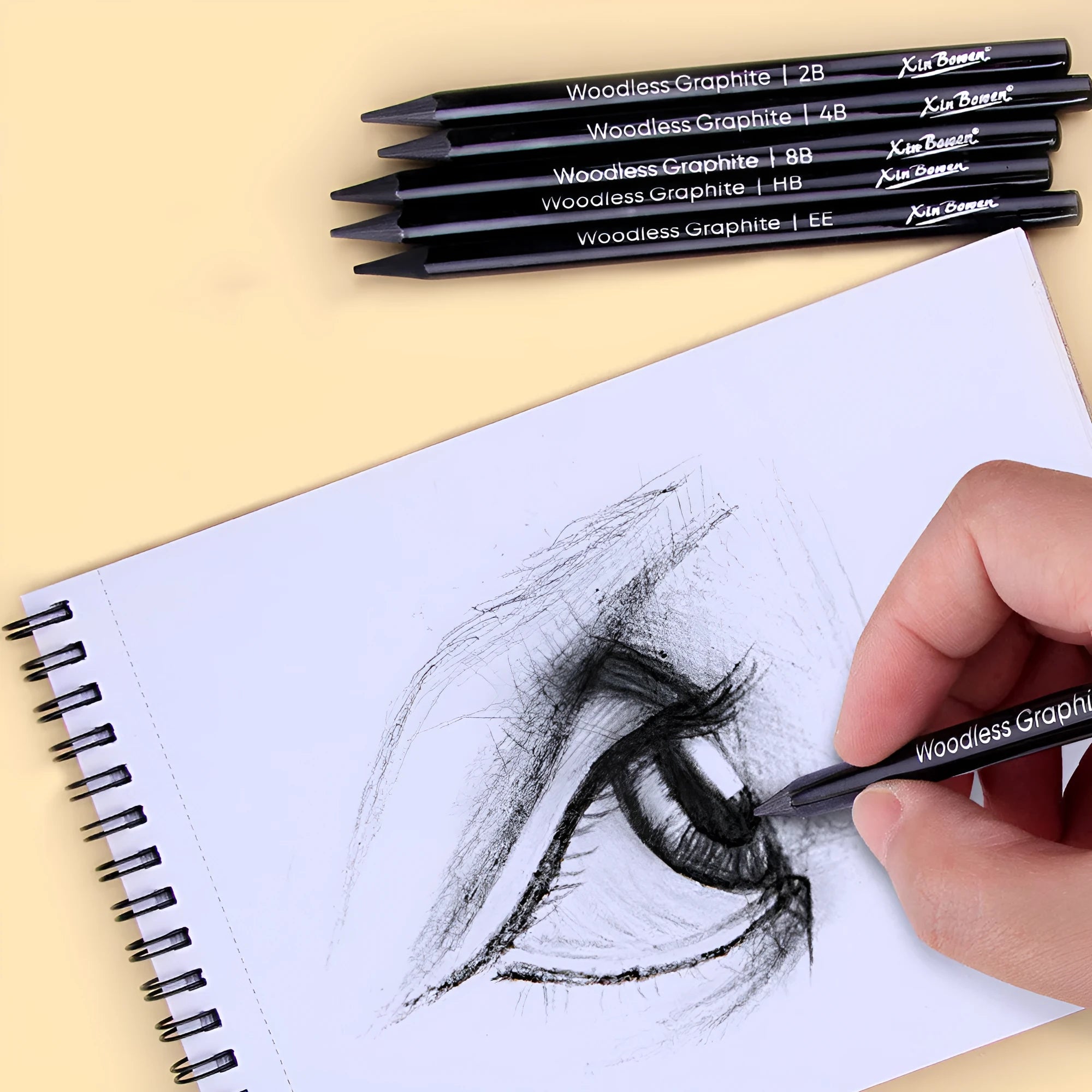 Six graphite sketching pencils in wood-free full lead design with HB 2B 4B 6B 8B EE grades