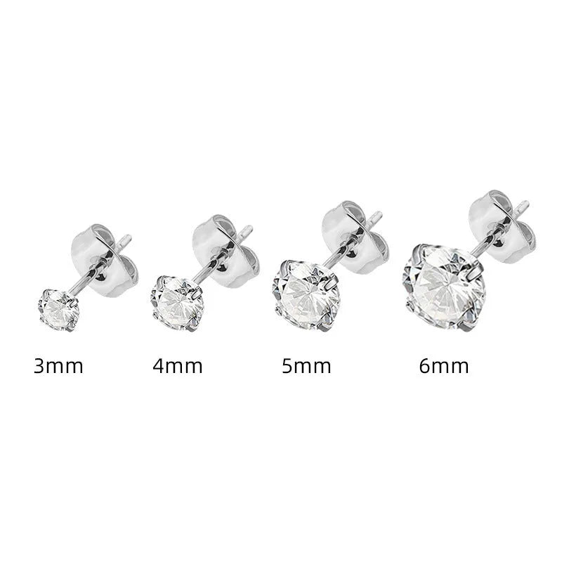 Geometric square stainless steel stud earrings with round zircon stones in gold and steel colour finishes