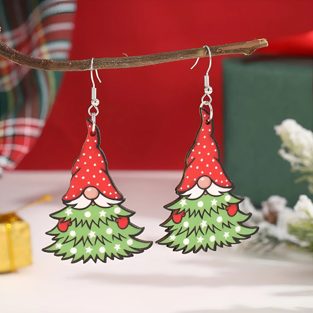 Wooden Christmas earrings set with geometric tree and water drop snowman designs