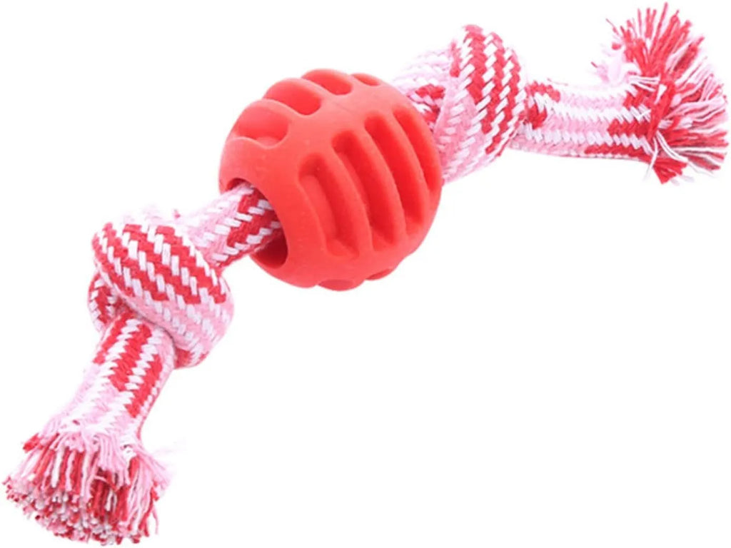 Set of colourful blue, green, orange, pink, and red dog chew toys with rope textures for dental health.