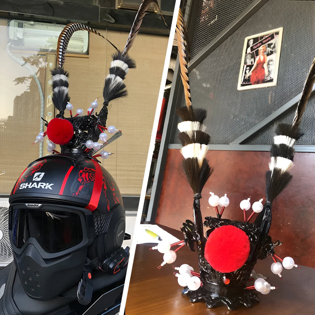 Black crown and long feather motorcycle helmet decoration for personalisation.