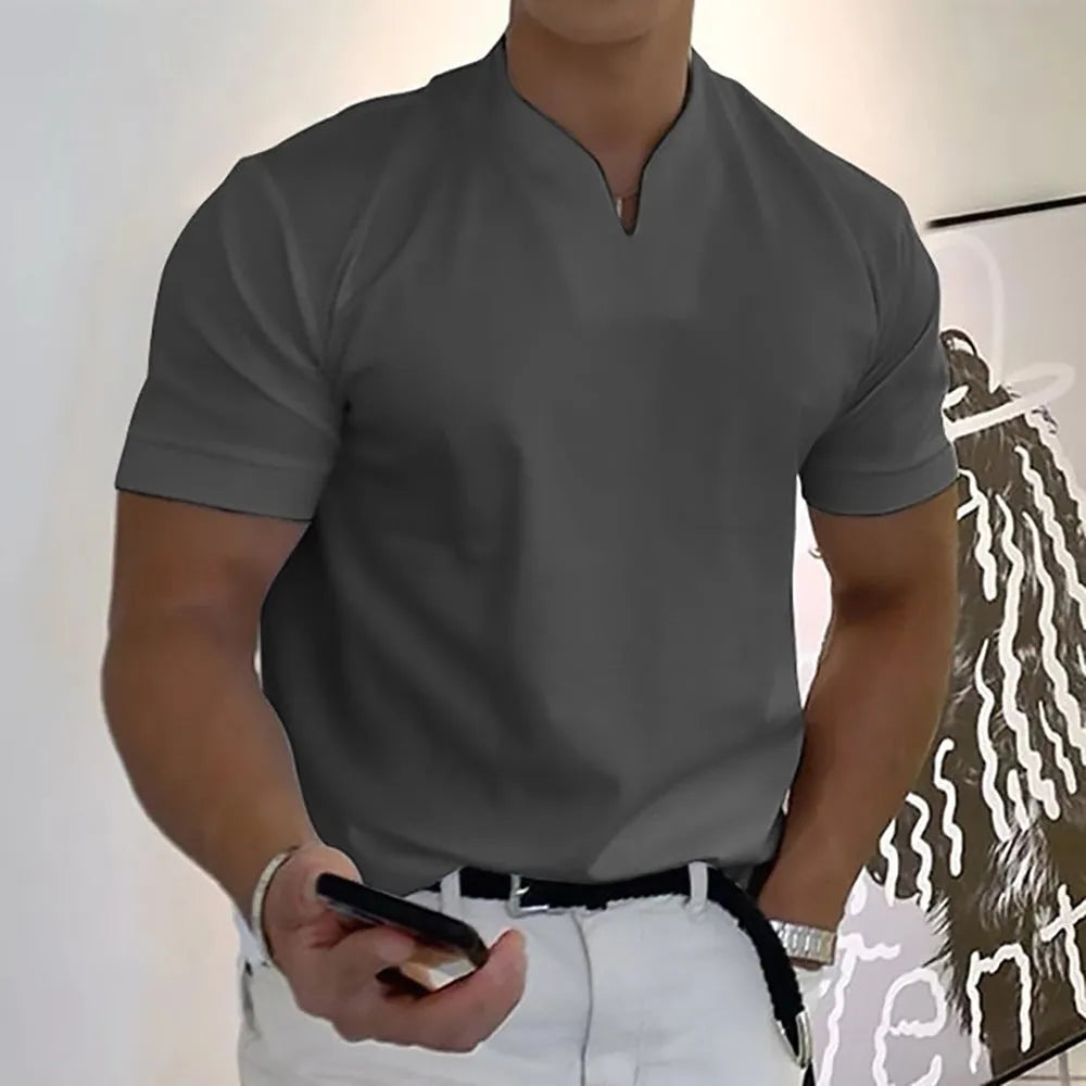 Men's summer short sleeve shirt with front pocket, stand collar, loose fit, elastic cotton blend, plus size options, twelve colours available