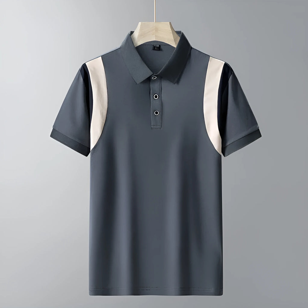 Man wearing a grey striped short-sleeved t-shirt with a business lapel collar, Korean loose fit.